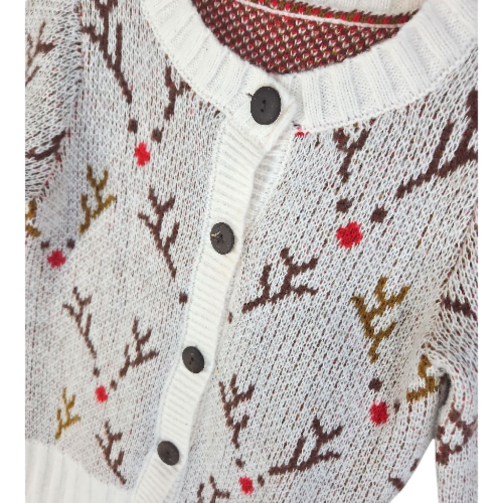 Girls Christmas Rudolph Cream Brown Reindeer Cardigan Sweater M 7/8 - Picture 2 of 7